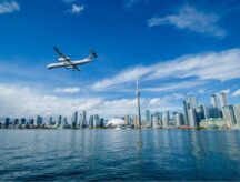 Plane flying into Toronto's Billy Bishop airport.