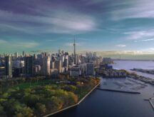 A view of the Toronto skyline on a bright summer day.