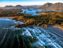 A bird's eye view of the British Columbia coastline on a summer afternoon