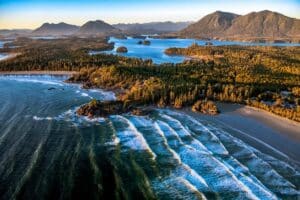 A bird's eye view of the British Columbia coastline on a summer afternoon