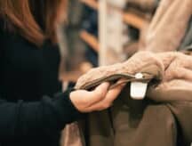 A woman looks at a winter jacket in a store.