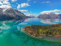 Panoramic view of mountains and river in Yukon