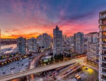 A view of a skyline in Canada during a sunset