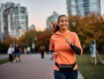 A woman wearing headphones smiles while jogging