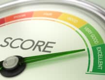 3D illustration of a conceptual gauge with needle pointing to excellent. Business credit score concept.